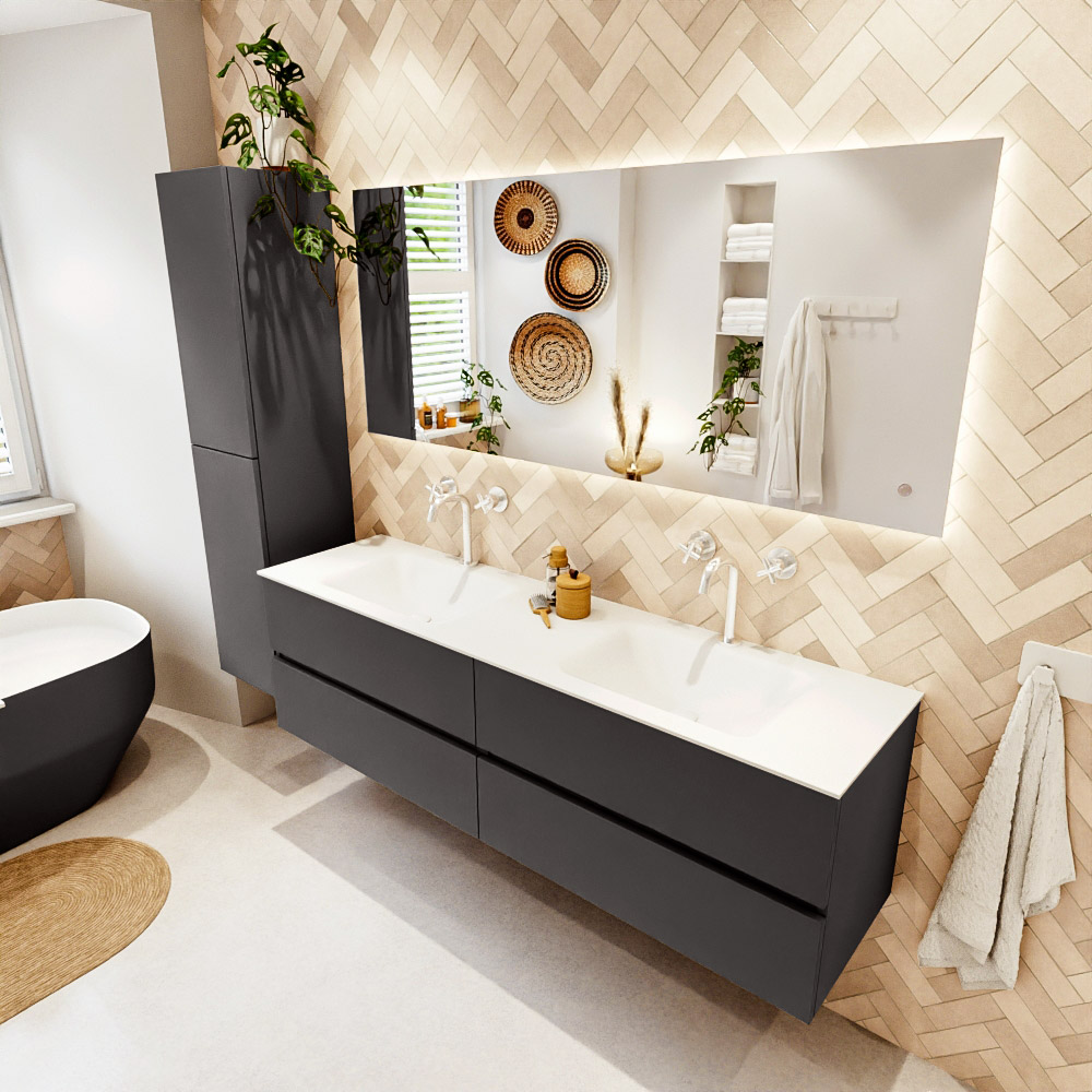 MONDIAZ VICA 170cm mueble de baño Dark Grey 4 cajones. Lavabo CLOUD Doble 2 orificios, color Talc. 1 MONDIAZ VICA 170cm mueble de baño Dark Grey 4 cajones. Lavabo CLOUD Doble 2 orificios