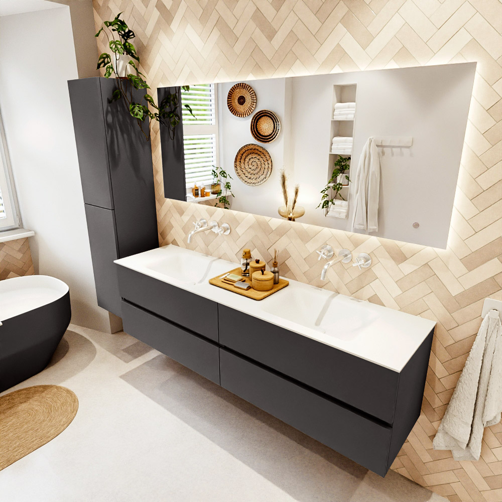 MONDIAZ VICA 180cm mueble de baño Dark Grey 4 cajones. Lavabo CLOUD Doble sin orificio, color Talc. 1 MONDIAZ VICA 180cm mueble de baño Dark Grey 4 cajones. Lavabo CLOUD Doble sin orificio