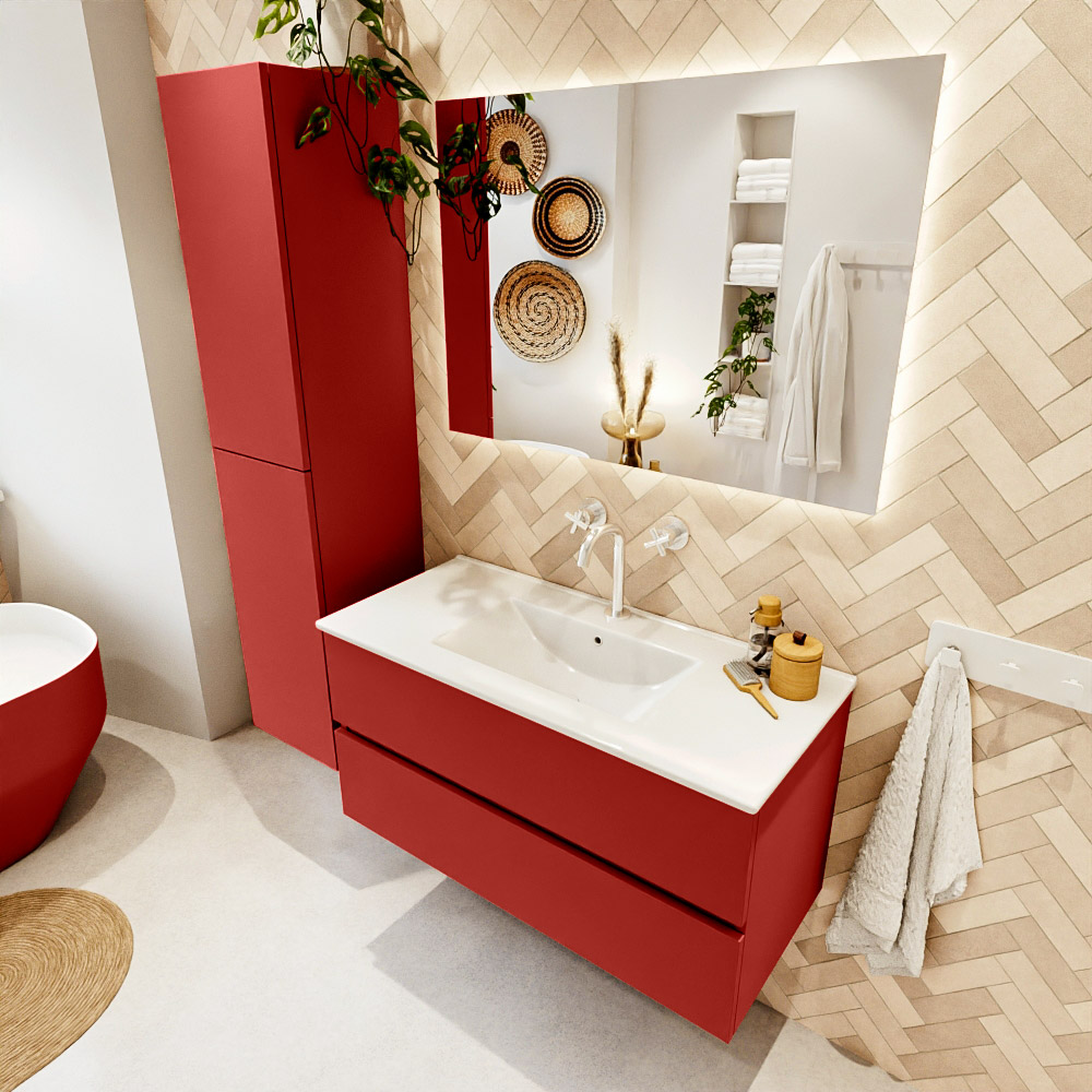 MONDIAZ VICA 100cm mueble de baño Fire 2 cajones. Lavabo DENIA Centro 1 orificio, color Blanco brillo. 1 MONDIAZ VICA 100cm mueble de baño Fire 2 cajones. Lavabo DENIA Centro 1 orificio