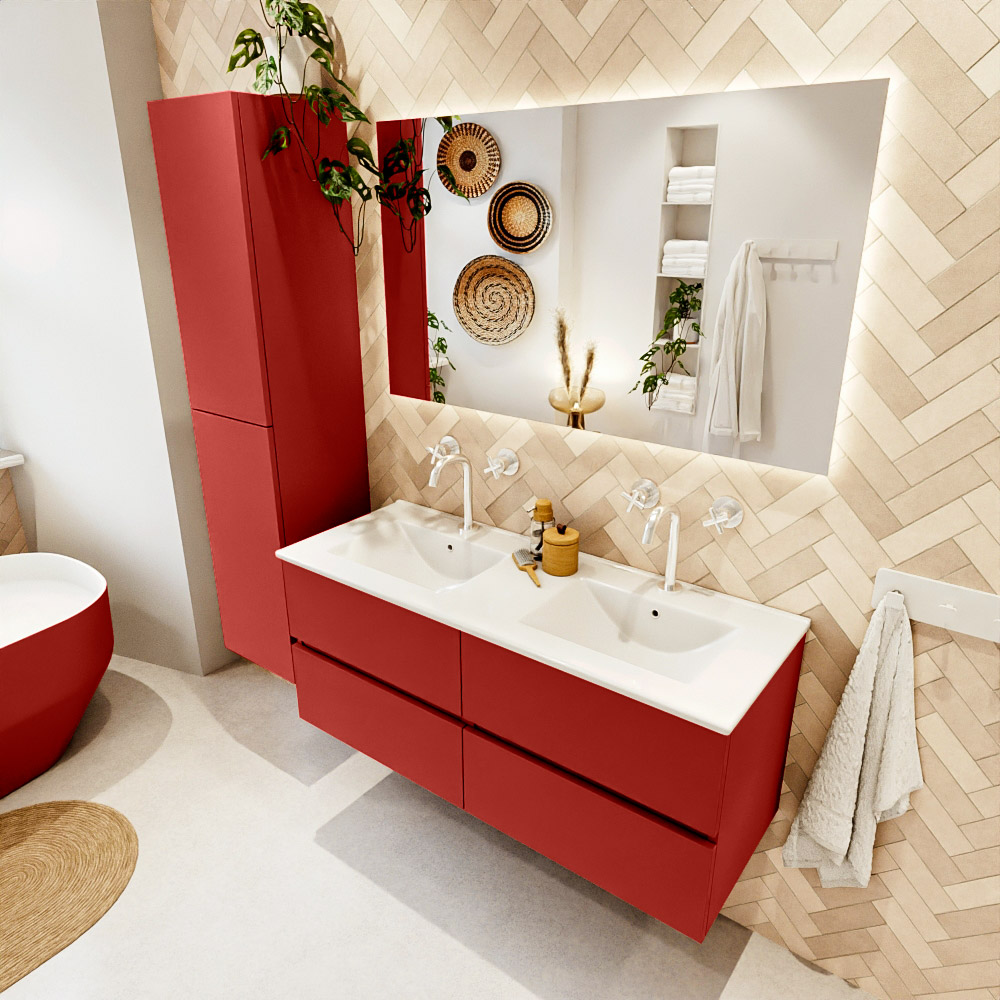 MONDIAZ VICA 120cm mueble de baño Fire 4 cajones. Lavabo DENIA Doble 2 orificios, color Blanco brillo. 1 MONDIAZ VICA 120cm mueble de baño Fire 4 cajones. Lavabo DENIA Doble 2 orificios