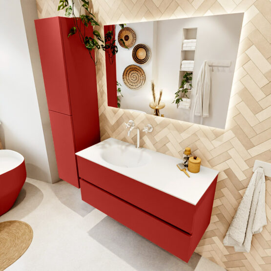 MONDIAZ VICA 110cm mueble de baño Fire 2 cajones. Lavabo MOON Izquierda 1 orificio color Talc con espejo LED.