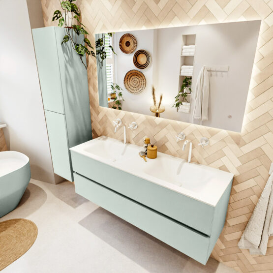 MONDIAZ VICA 140cm mueble de baño Greey 2 cajones. Lavabo CLOUD Doble 2 orificios