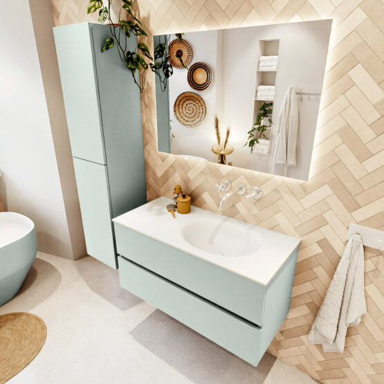 MONDIAZ VICA 100cm mueble de baño Greey 2 cajones. Lavabo MOON Derecho sin orificio color Talc con espejo LED.