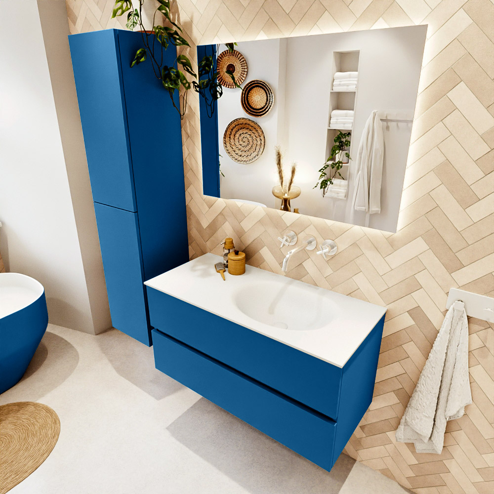 MONDIAZ VICA 100cm mueble de baño Jeans 2 cajones. Lavabo MOON Derecho sin orificio color Talc con espejo LED. 1 MONDIAZ VICA 100cm mueble de baño Jeans 2 cajones. Lavabo MOON Derecho sin orificio color Talc con espejo LED.