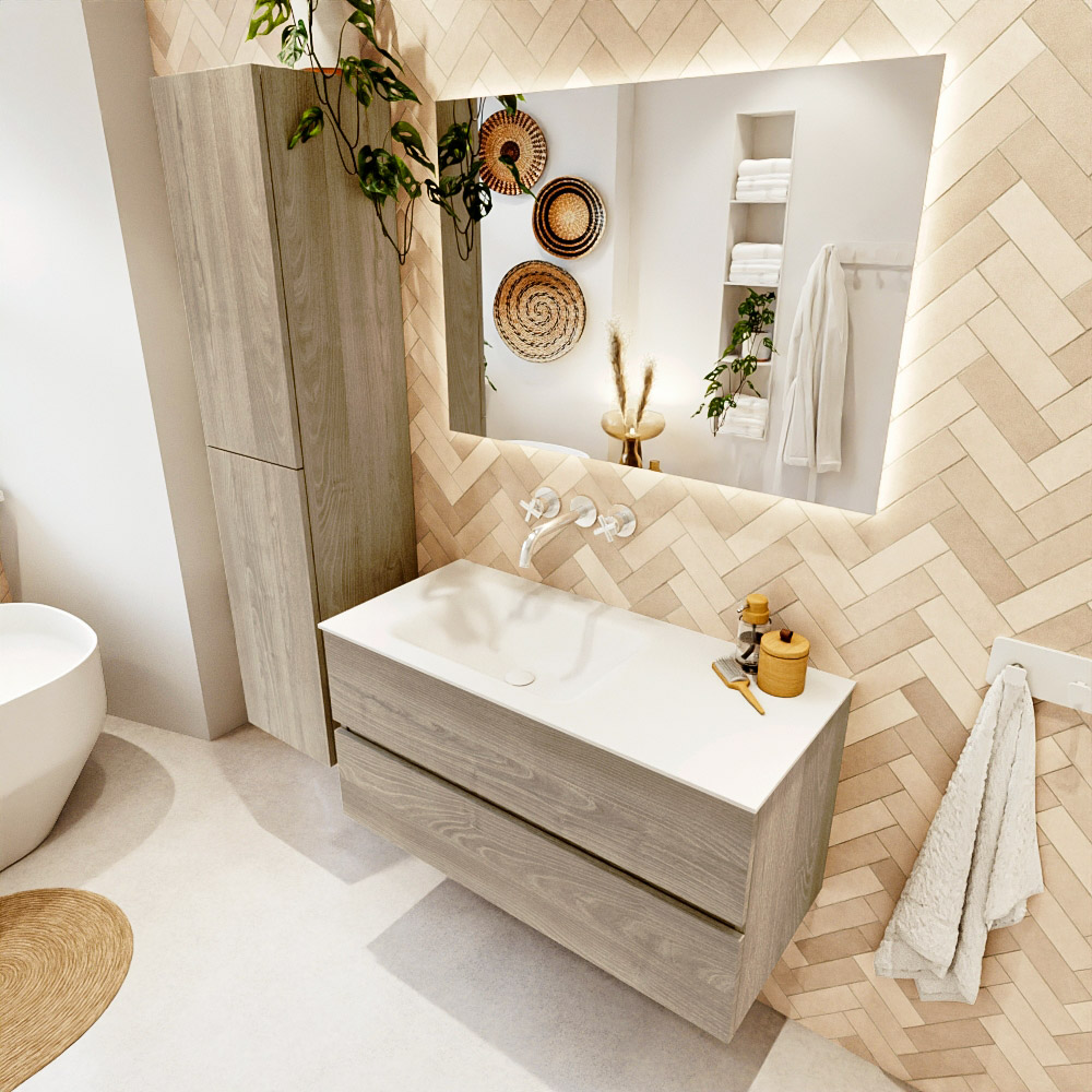 MONDIAZ VICA 100cm mueble de baño Light Brown Grey 2 cajones. Lavabo CLOUD Izquierda sin orificio color Talc con espejo LED. 1 MONDIAZ VICA 100cm mueble de baño Light Brown Grey 2 cajones. Lavabo CLOUD Izquierda sin orificio color Talc con espejo LED.