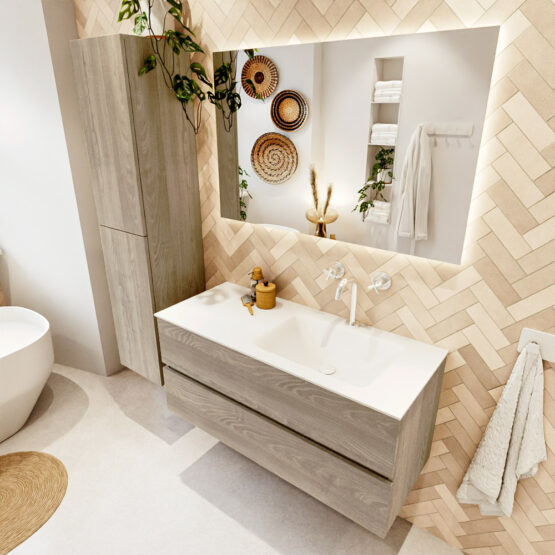 MONDIAZ VICA 110cm mueble de baño Light Brown Grey 2 cajones. Lavabo CLOUD Derecho 1 orificio color Talc con espejo LED.