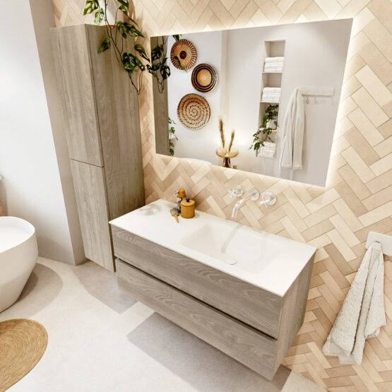 MONDIAZ VICA 110cm mueble de baño Light Brown Grey 2 cajones. Lavabo CLOUD Derecho sin orificio color Talc con espejo LED.