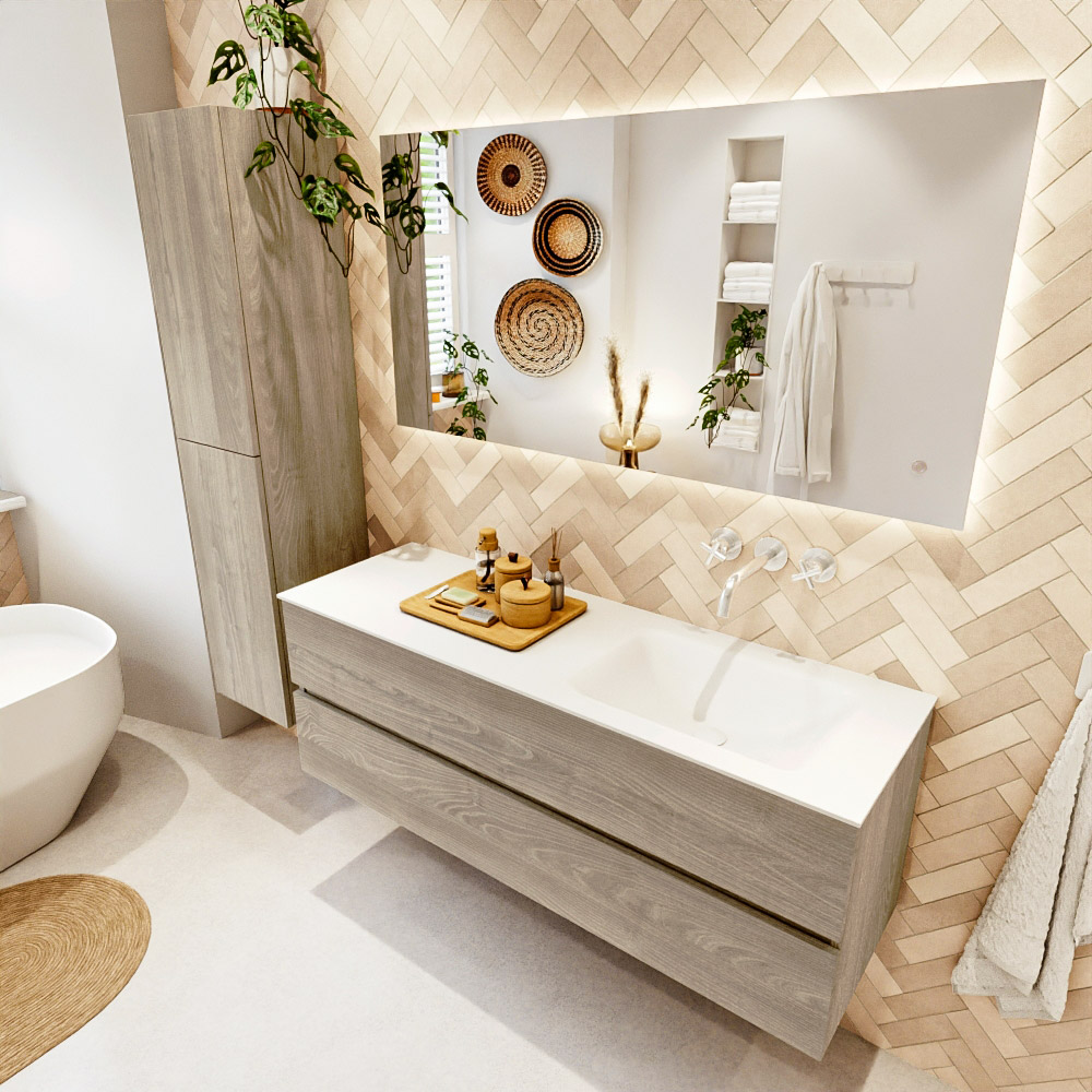 MONDIAZ VICA 140cm mueble de baño Light Brown Grey 2 cajones. Lavabo CLOUD Derecho sin orificio, color Talc. 1 MONDIAZ VICA 140cm mueble de baño Light Brown Grey 2 cajones. Lavabo CLOUD Derecho sin orificio
