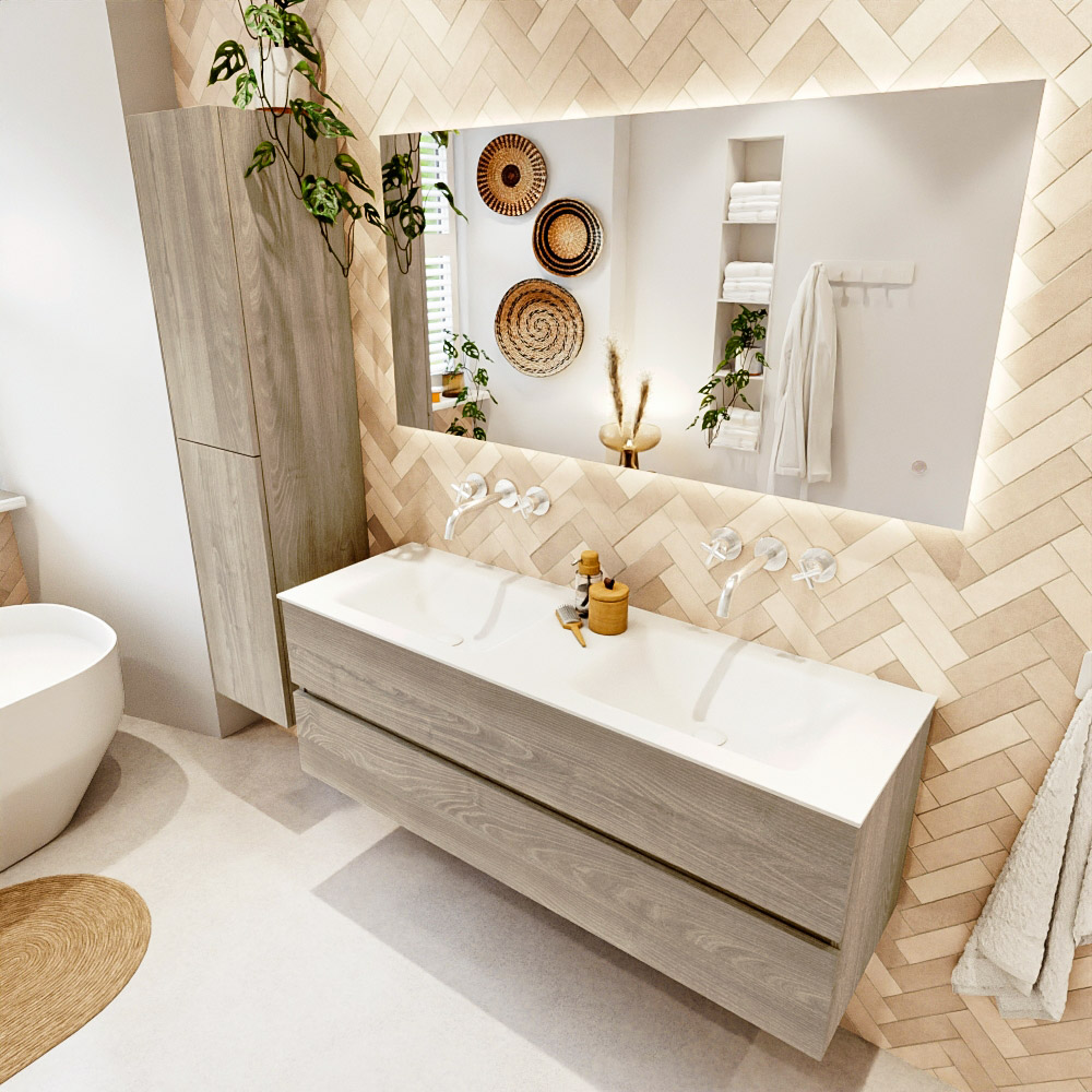 MONDIAZ VICA 140cm mueble de baño Light Brown Grey 2 cajones. Lavabo CLOUD Doble sin orificio, color Talc. 1 MONDIAZ VICA 140cm mueble de baño Light Brown Grey 2 cajones. Lavabo CLOUD Doble sin orificio