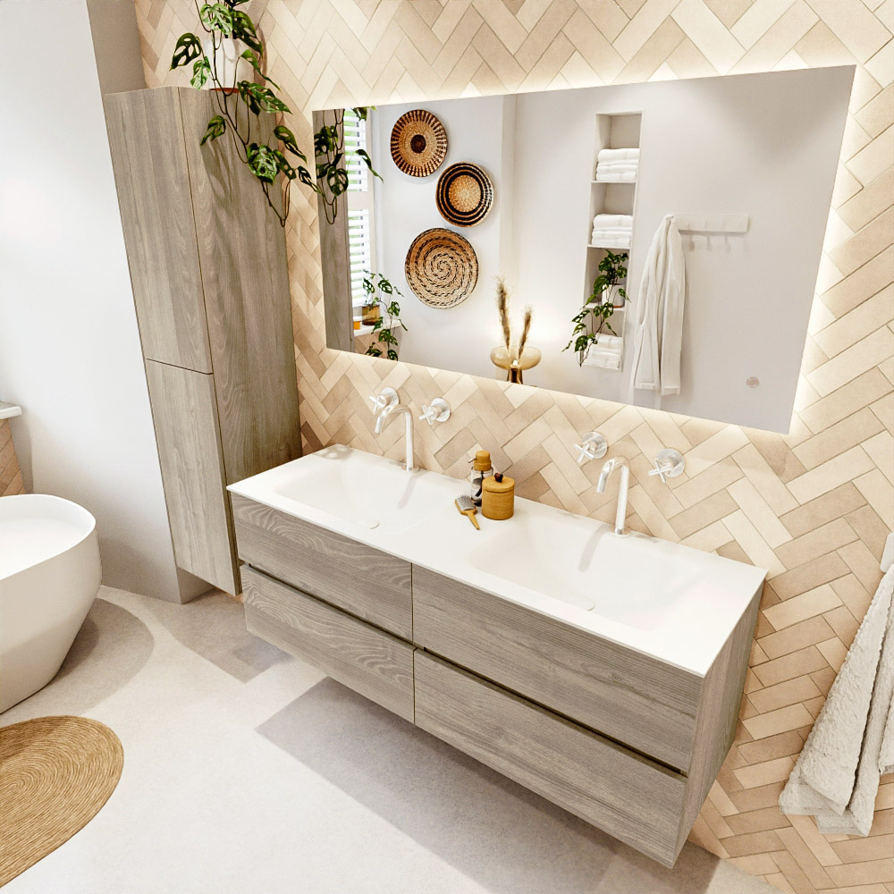 MONDIAZ VICA 140cm mueble de baño Light Brown Grey 4 cajones. Lavabo CLOUD Doble 2 orificios, color Talc. 1 MONDIAZ VICA 140cm mueble de baño Light Brown Grey 4 cajones. Lavabo CLOUD Doble 2 orificios
