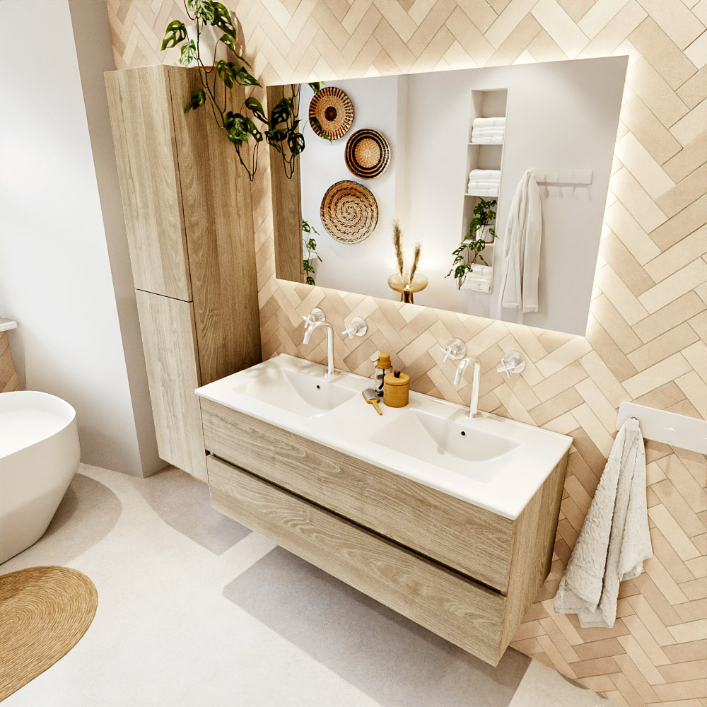 MONDIAZ VICA 120cm mueble de baño Light Brown Grey 2 cajones. Lavabo DENIA Doble 2 orificios, color Blanco brillo. 1 MONDIAZ VICA 120cm mueble de baño Light Brown Grey 2 cajones. Lavabo DENIA Doble 2 orificios