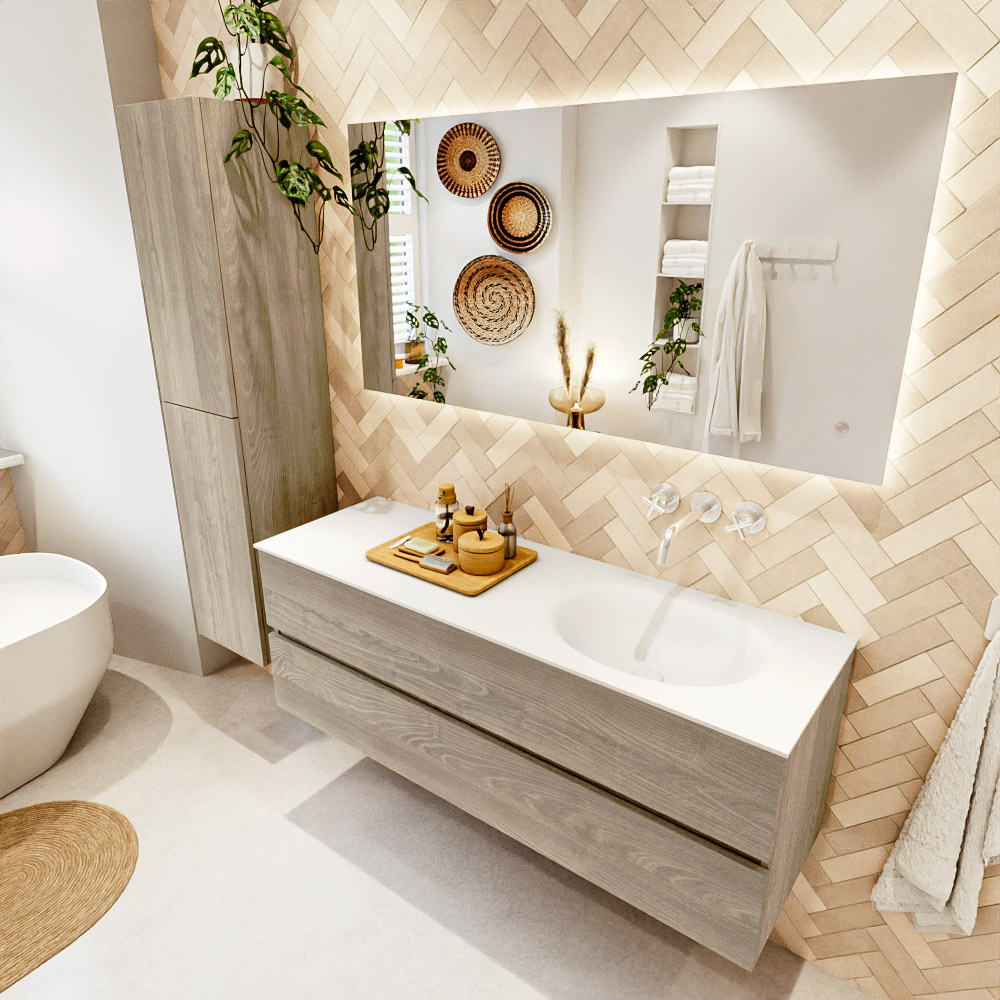 MONDIAZ VICA 140cm mueble de baño Light Brown Grey 2 cajones. Lavabo MOON Derecho sin orificio, color Talc. 1 MONDIAZ VICA 140cm mueble de baño Light Brown Grey 2 cajones. Lavabo MOON Derecho sin orificio