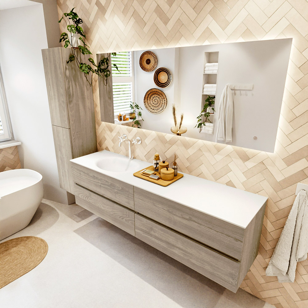 MONDIAZ VICA 180cm mueble de baño Light Brown Grey 4 cajones. Lavabo MOON Izquierda 1 orificio, color Talc. 1 MONDIAZ VICA 180cm mueble de baño Light Brown Grey 4 cajones. Lavabo MOON Izquierda 1 orificio