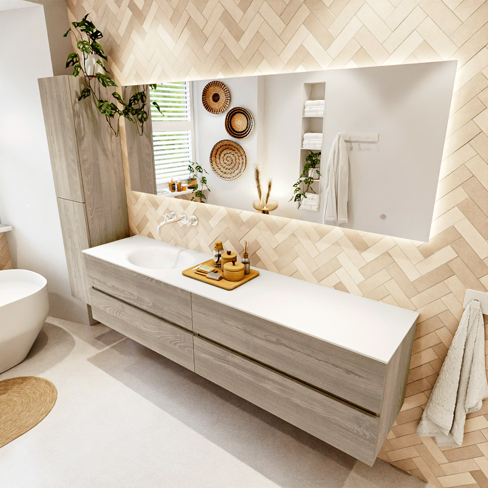 MONDIAZ VICA 200cm mueble de baño Light Brown Grey 4 cajones. Lavabo MOON Izquierda sin orificio, color Talc. 1 MONDIAZ VICA 200cm mueble de baño Light Brown Grey 4 cajones. Lavabo MOON Izquierda sin orificio