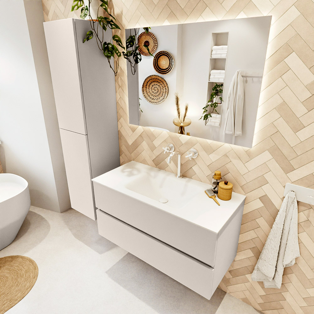 MONDIAZ VICA 100cm mueble de baño Linen 2 cajones. Lavabo CLOUD Centro 1 orificio color Talc con espejo LED. 1 MONDIAZ VICA 100cm mueble de baño Linen 2 cajones. Lavabo CLOUD Centro 1 orificio color Talc con espejo LED.