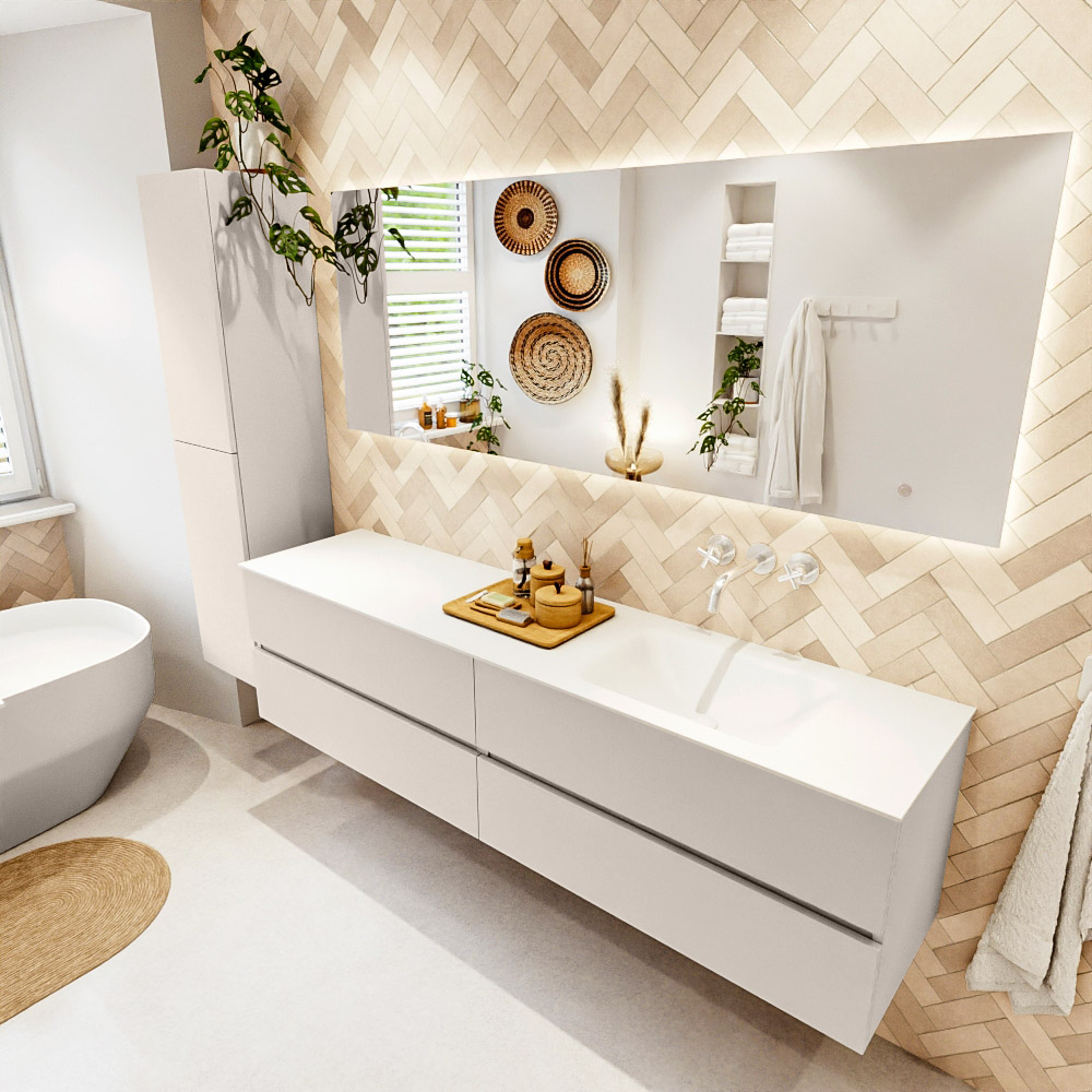 MONDIAZ VICA 190cm mueble de baño Linen 4 cajones. Lavabo CLOUD Derecho sin orificio, color Talc. 1 MONDIAZ VICA 190cm mueble de baño Linen 4 cajones. Lavabo CLOUD Derecho sin orificio
