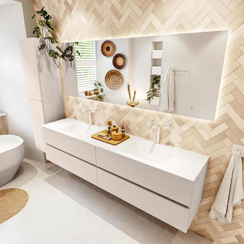 MONDIAZ VICA 200cm mueble de baño Linen 4 cajones. Lavabo CLOUD Doble 2 orificios, color Talc. 1 MONDIAZ VICA 200cm mueble de baño Linen 4 cajones. Lavabo CLOUD Doble 2 orificios