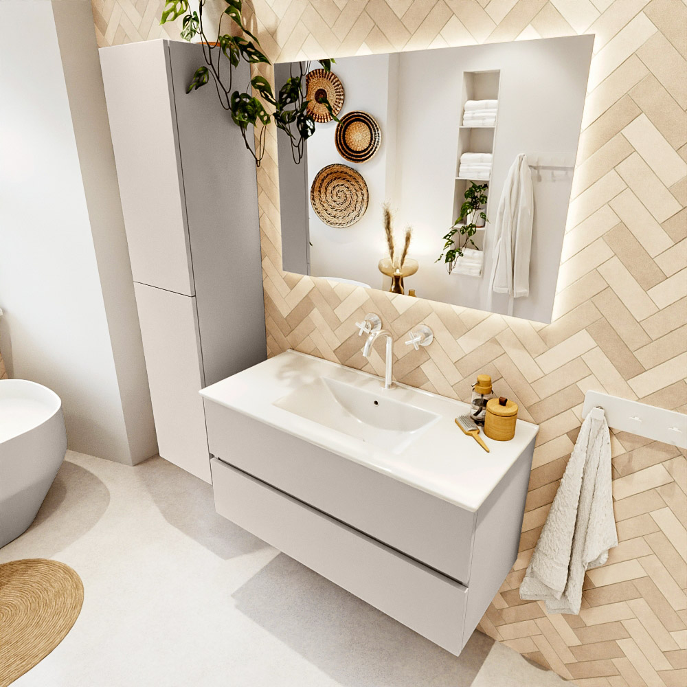 MONDIAZ VICA 100cm mueble de baño Linen 2 cajones. Lavabo DENIA Centro 1 orificio, color Blanco brillo. 1 MONDIAZ VICA 100cm mueble de baño Linen 2 cajones. Lavabo DENIA Centro 1 orificio