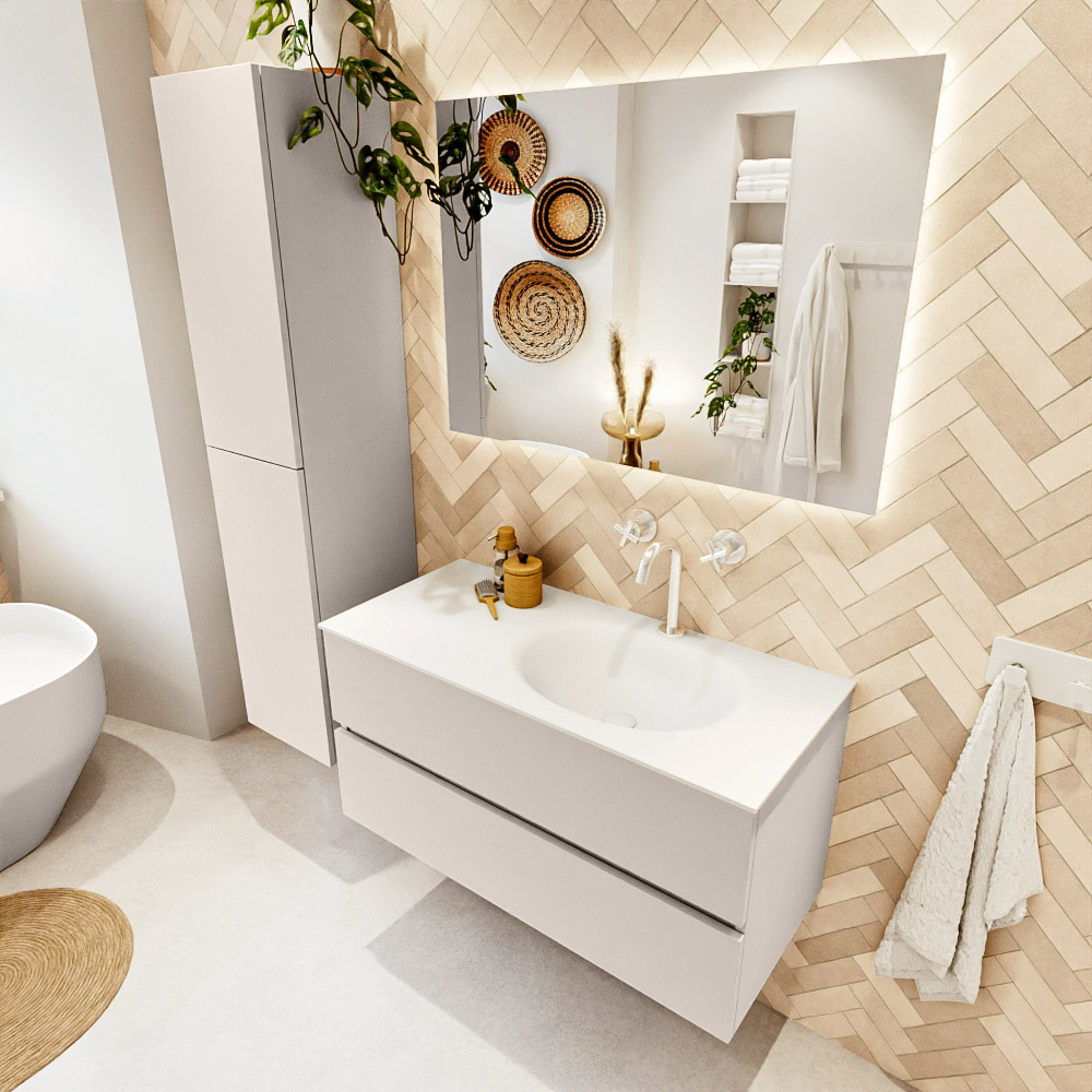 MONDIAZ VICA 100cm mueble de baño Linen 2 cajones. Lavabo MOON Derecho 1 orificio color Talc con espejo LED. 1 MONDIAZ VICA 100cm mueble de baño Linen 2 cajones. Lavabo MOON Derecho 1 orificio color Talc con espejo LED.
