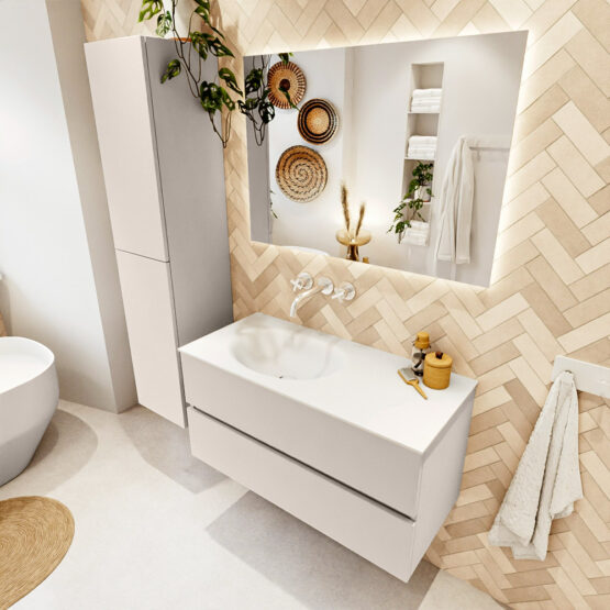 MONDIAZ VICA 100cm mueble de baño Linen 2 cajones. Lavabo MOON Izquierda sin orificio color Talc con espejo LED.