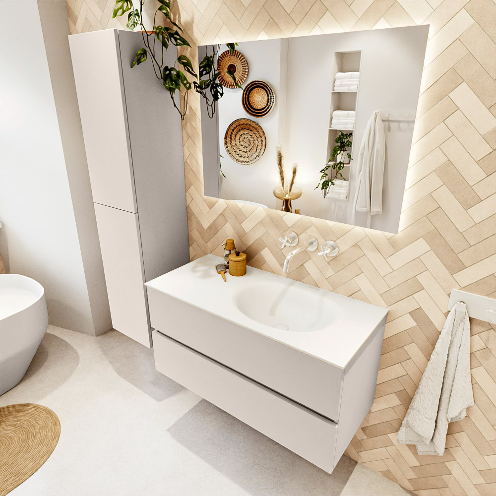 MONDIAZ VICA 100cm mueble de baño Linen 2 cajones. Lavabo MOON Derecho sin orificio color Talc con espejo LED. 1 MONDIAZ VICA 100cm mueble de baño Linen 2 cajones. Lavabo MOON Derecho sin orificio color Talc con espejo LED.