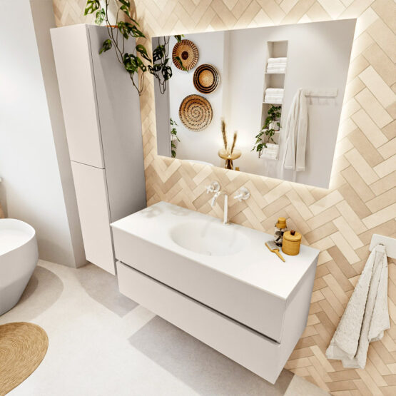 MONDIAZ VICA 110cm mueble de baño Linen 2 cajones. Lavabo MOON Centro 1 orificio color Talc con espejo LED.