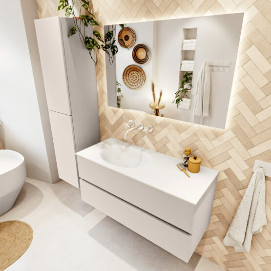 MONDIAZ VICA 110cm mueble de baño Linen 2 cajones. Lavabo MOON Izquierda sin orificio color Talc con espejo LED.