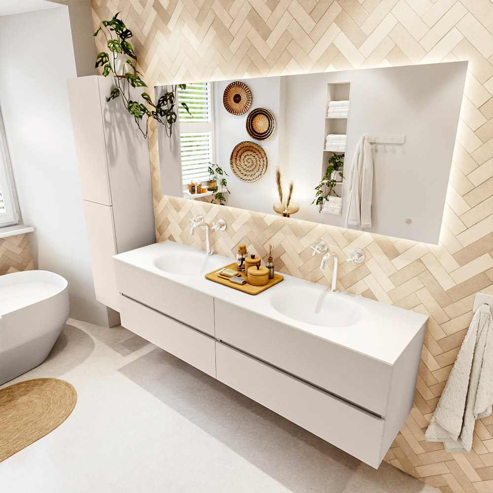 MONDIAZ VICA 180cm mueble de baño Linen 4 cajones. Lavabo MOON Doble 2 orificios, color Talc. 1 MONDIAZ VICA 180cm mueble de baño Linen 4 cajones. Lavabo MOON Doble 2 orificios