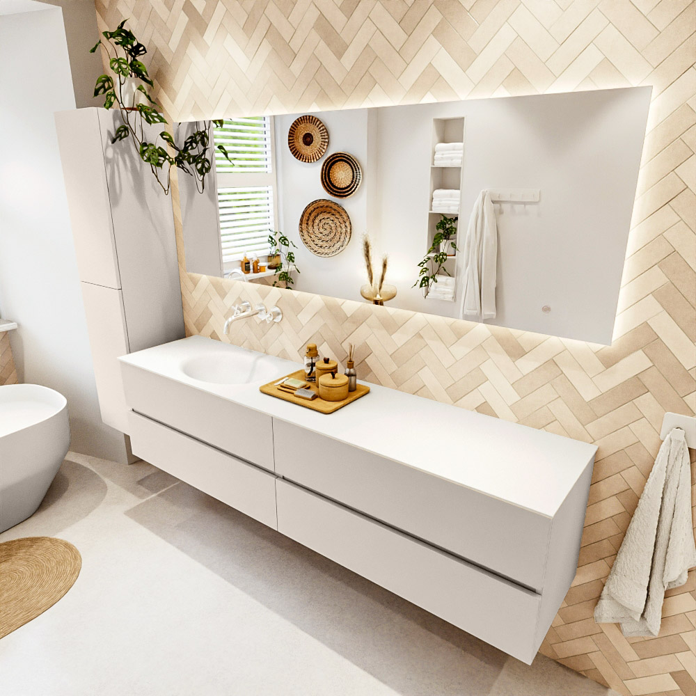 MONDIAZ VICA 200cm mueble de baño Linen 4 cajones. Lavabo MOON Izquierda sin orificio, color Talc. 1 MONDIAZ VICA 200cm mueble de baño Linen 4 cajones. Lavabo MOON Izquierda sin orificio
