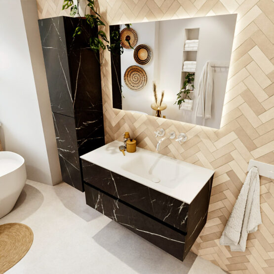 MONDIAZ VICA 100cm mueble de baño Marquina 2 cajones. Lavabo CLOUD Derecho sin orificio color Talc con espejo LED.