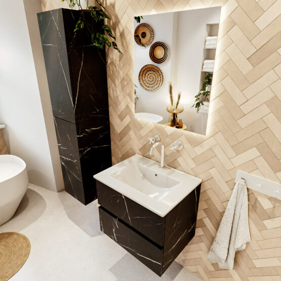 MONDIAZ VICA 60cm mueble de baño Marquina 2 cajones. Lavabo DENIA Centro 1 orificio