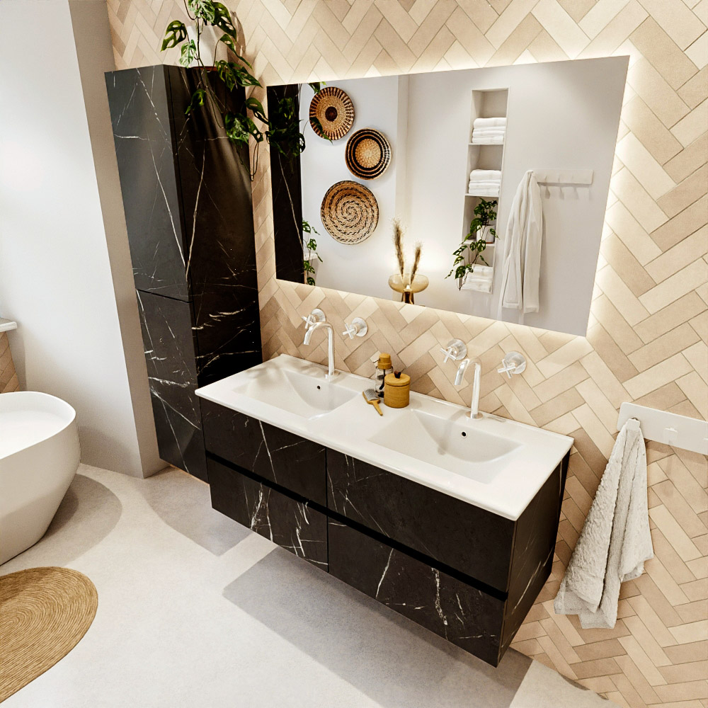 MONDIAZ VICA 120cm mueble de baño Marquina 4 cajones. Lavabo DENIA Doble 2 orificios, color Blanco brillo. 1 MONDIAZ VICA 120cm mueble de baño Marquina 4 cajones. Lavabo DENIA Doble 2 orificios