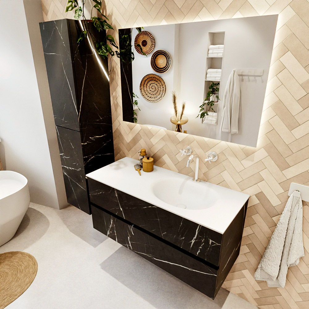 MONDIAZ VICA 110cm mueble de baño Marquina 2 cajones. Lavabo MOON Derecho 1 orificio color Talc con espejo LED. 1 MONDIAZ VICA 110cm mueble de baño Marquina 2 cajones. Lavabo MOON Derecho 1 orificio color Talc con espejo LED.