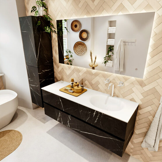 MONDIAZ VICA 140cm mueble de baño Marquina 2 cajones. Lavabo MOON Derecho 1 orificio