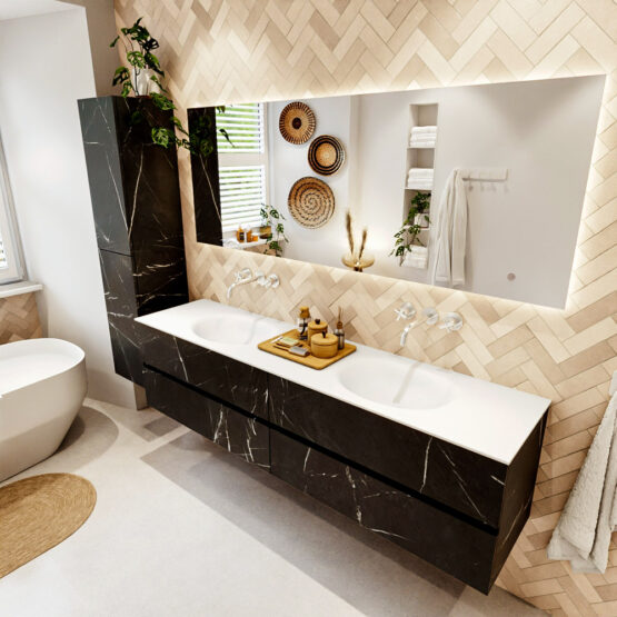 MONDIAZ VICA 190cm mueble de baño Marquina 4 cajones. Lavabo MOON Doble sin orificio