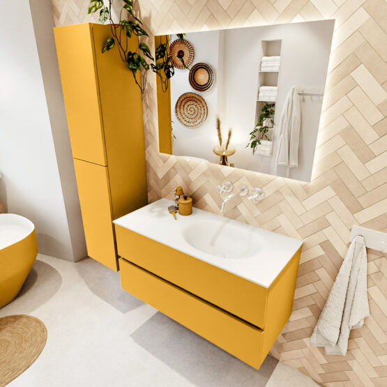 MONDIAZ VICA 100cm mueble de baño Ocher 2 cajones. Lavabo MOON Derecho sin orificio color Talc con espejo LED.