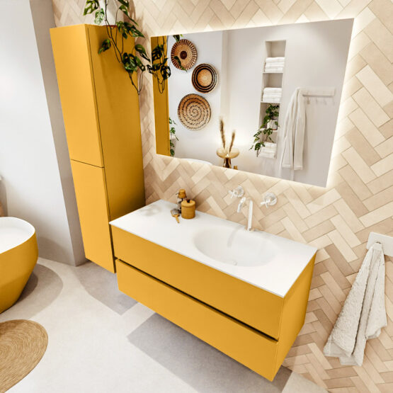 MONDIAZ VICA 110cm mueble de baño Ocher 2 cajones. Lavabo MOON Derecho 1 orificio color Talc con espejo LED.