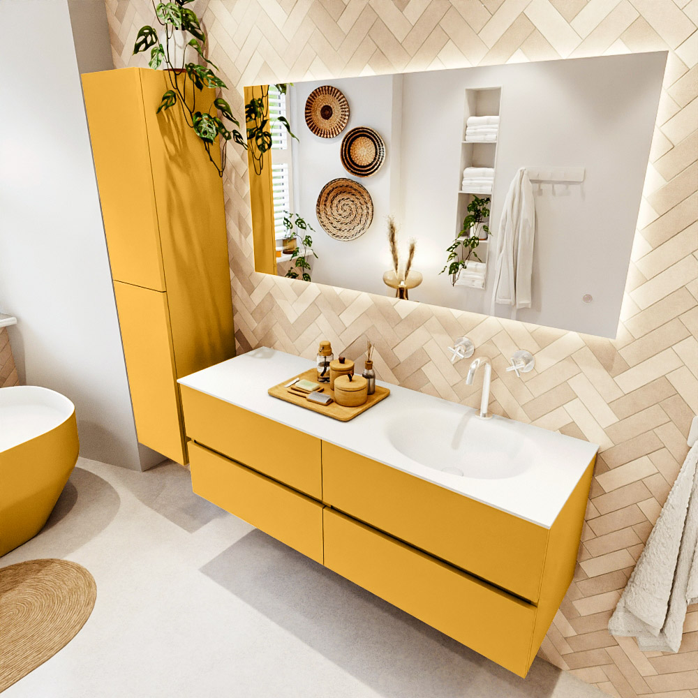 MONDIAZ VICA 140cm mueble de baño Ocher 4 cajones. Lavabo MOON Derecho 1 orificio, color Talc. 1 MONDIAZ VICA 140cm mueble de baño Ocher 4 cajones. Lavabo MOON Derecho 1 orificio