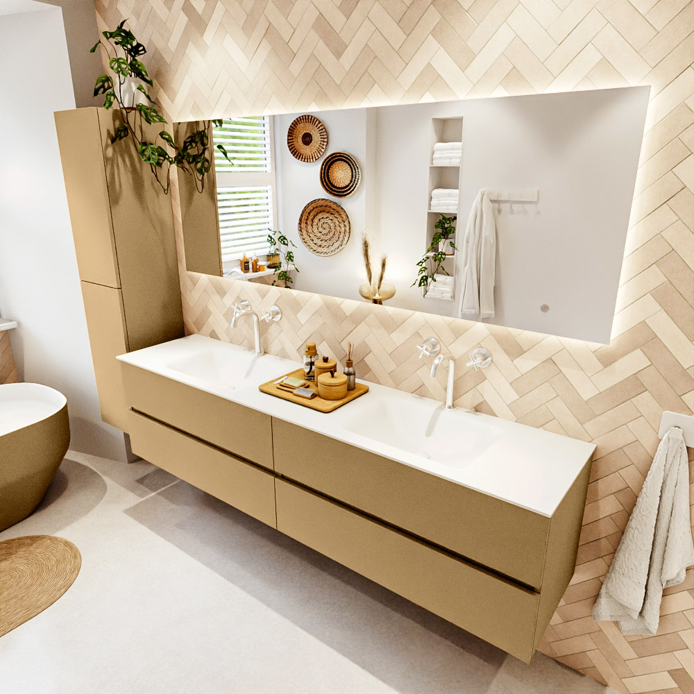 MONDIAZ VICA 200cm mueble de baño Oro 4 cajones. Lavabo CLOUD Doble 2 orificios, color Talc. 1 MONDIAZ VICA 200cm mueble de baño Oro 4 cajones. Lavabo CLOUD Doble 2 orificios