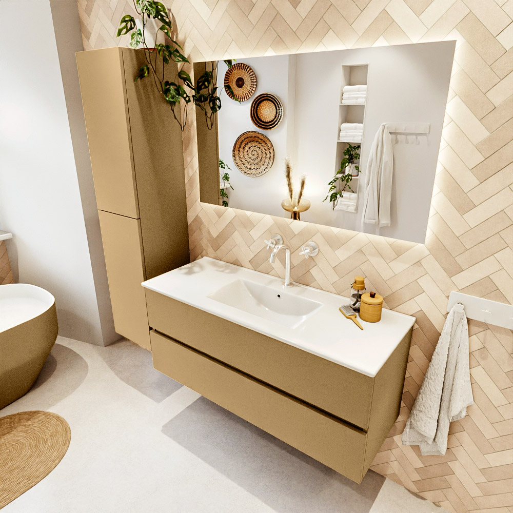 MONDIAZ VICA 120cm mueble de baño Oro 2 cajones. Lavabo DENIA Centro 1 orificio, color Blanco brillo. 1 MONDIAZ VICA 120cm mueble de baño Oro 2 cajones. Lavabo DENIA Centro 1 orificio