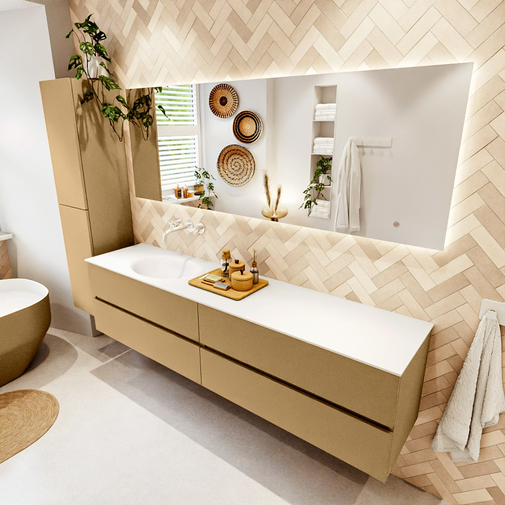 MONDIAZ VICA 200cm mueble de baño Oro 4 cajones. Lavabo MOON Izquierda sin orificio, color Talc. 1 MONDIAZ VICA 200cm mueble de baño Oro 4 cajones. Lavabo MOON Izquierda sin orificio
