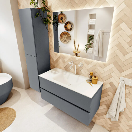 MONDIAZ VICA 100cm mueble de baño Plata 2 cajones. Lavabo CLOUD Centro 1 orificio color Talc con espejo LED.