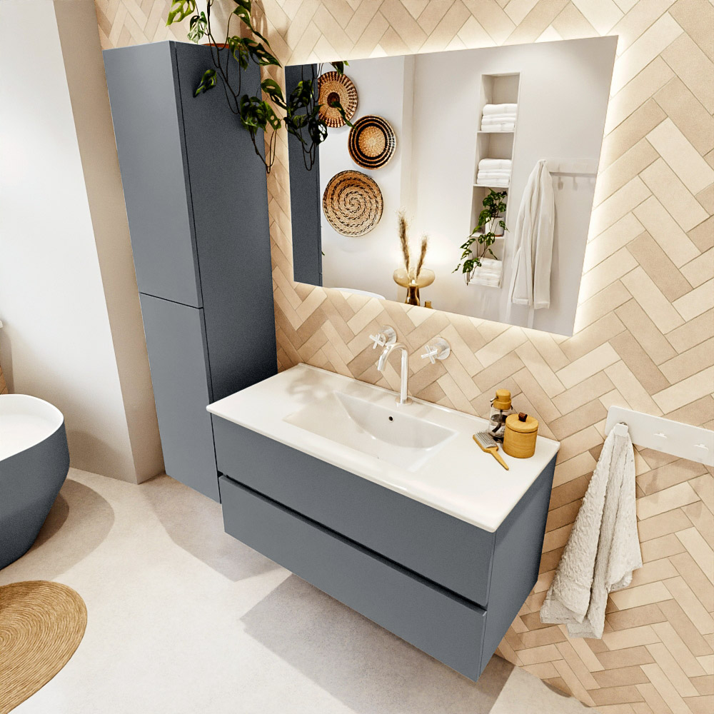 MONDIAZ VICA 100cm mueble de baño Plata 2 cajones. Lavabo DENIA Centro 1 orificio, color Blanco brillo. 1 MONDIAZ VICA 100cm mueble de baño Plata 2 cajones. Lavabo DENIA Centro 1 orificio