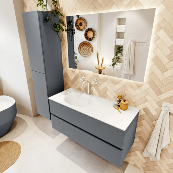 MONDIAZ VICA 110cm mueble de baño Plata 2 cajones. Lavabo MOON Izquierda 1 orificio color Talc con espejo LED.