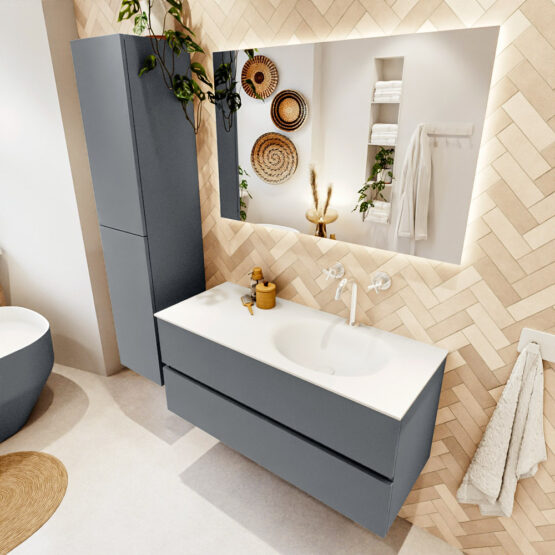 MONDIAZ VICA 110cm mueble de baño Plata 2 cajones. Lavabo MOON Derecho 1 orificio color Talc con espejo LED.