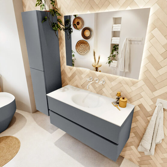 MONDIAZ VICA 110cm mueble de baño Plata 2 cajones. Lavabo MOON Centro sin orificio color Talc con espejo LED.