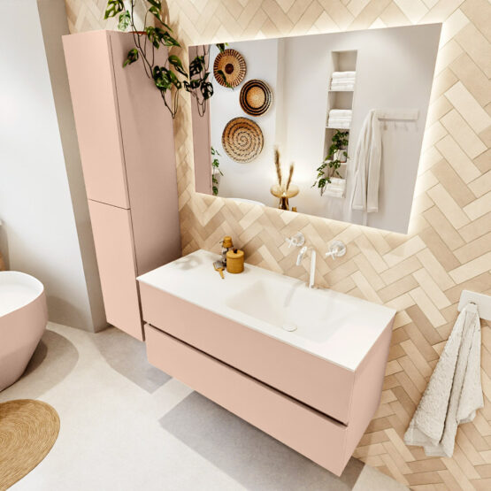 MONDIAZ VICA 110cm mueble de baño Rosee 2 cajones. Lavabo CLOUD Derecho 1 orificio color Talc con espejo LED.