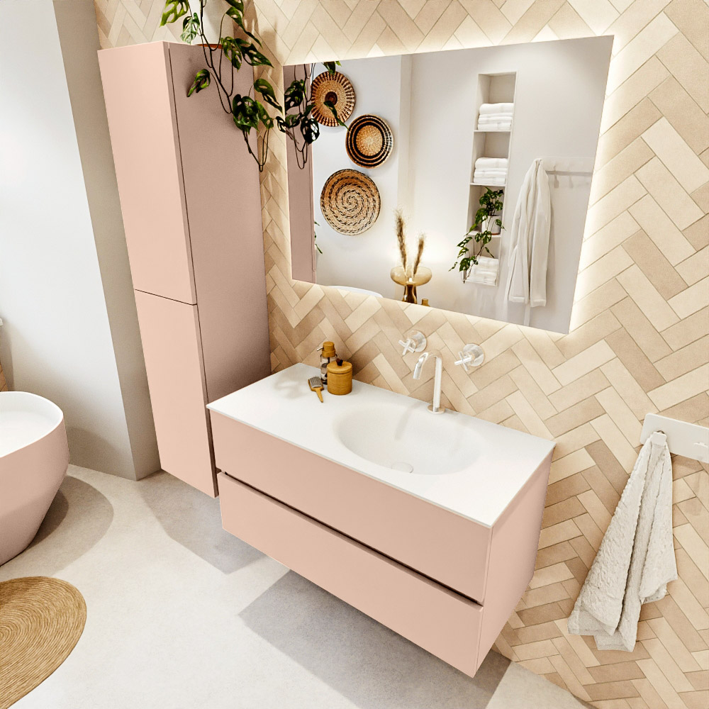 MONDIAZ VICA 100cm mueble de baño Rosee 2 cajones. Lavabo MOON Derecho 1 orificio color Talc con espejo LED. 1 MONDIAZ VICA 100cm mueble de baño Rosee 2 cajones. Lavabo MOON Derecho 1 orificio color Talc con espejo LED.