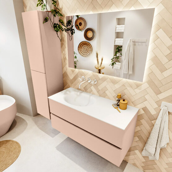 MONDIAZ VICA 110cm mueble de baño Rosee 2 cajones. Lavabo MOON Izquierda sin orificio color Talc con espejo LED.