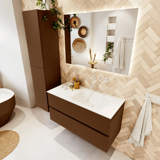 MONDIAZ VICA 100cm mueble de baño Rust 2 cajones. Lavabo CLOUD Derecho sin orificio color Talc con espejo LED.